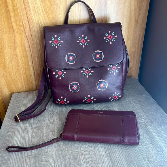 Fossil Bags Burgundy Fossil Backpack Purse And Matching Wallet